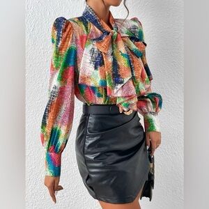 NEW Multicolor Abstract Tie Neck Women's Blouse